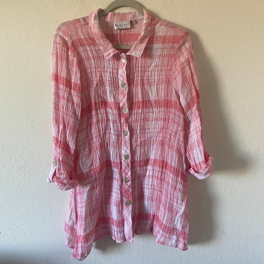 Habitat Womens Blouse Linen Button Up Plaid Collared Size S Casual Fall Top